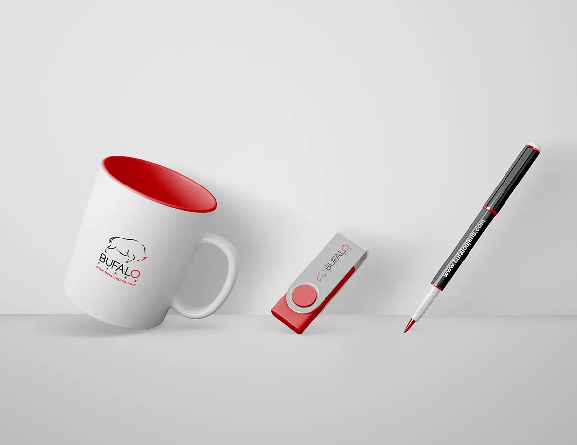 Bufalo Ajans promosyon ürün tasarımları — kupa, USB, kalem